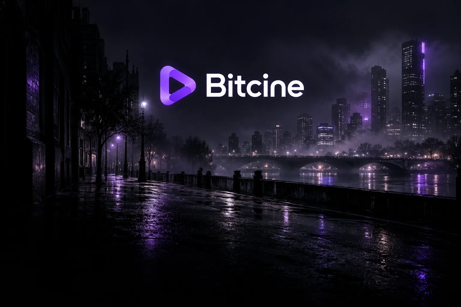 Bitcine purple play mark and white wordmark above a cinematic night-time city